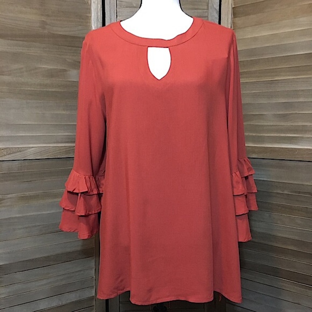 JODIFL Orange Top with Tiered Ruffle Bell Sleeves and Keyhole Detail, Large, NWT